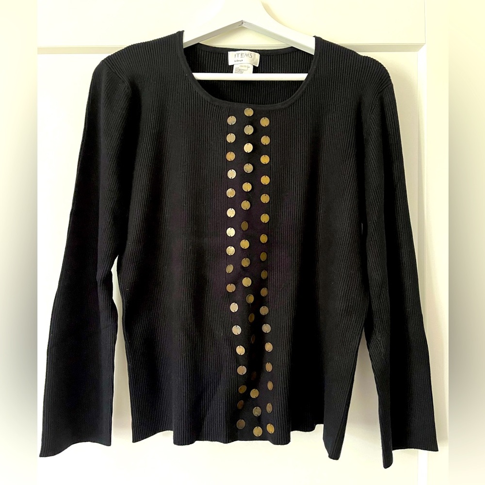 Black Crewneck Sweater with Vertical Gold Disc Accents